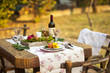 © Marina - Romantic dinner in the autumn garden, table setting for a nice dinner. Wine, fruit, pomegranate and flowers. Picnic in the open air