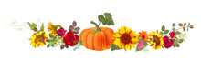 Horizontal Autumn’s Border: Orange Pumpkin, Sunflowers, Red Roses, Gerbera Daisy Flowers, Small Green Twigs On White Background. Digital Draw, Illustration In Watercolor Style, Panoramic View, Vector