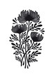 Flat black graphic drawing of bouquet of flowers of chrysanthemum plant with leaves and buds. Silhouette illustration, vector, isolated on background, for tattoo, engrave and design.