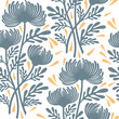 Flat color seamless pattern of graphic drawing of bouquet of flowers of chrysanthemum plant with leaves. Silhouette decorative wallpaper, vector, isolated on background, for print, fabric and design.