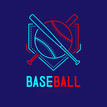 Baseball With Bat And Home Plate Logo Icon Outline Stroke Set Dash Line Design Illustration Isolated On Dark Blue Background With Baseball Text And Copy Space