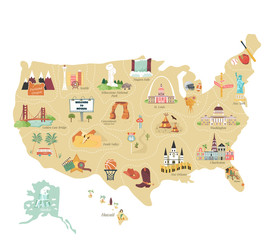 Wall Mural - USA tourist vector map with famous landmarks