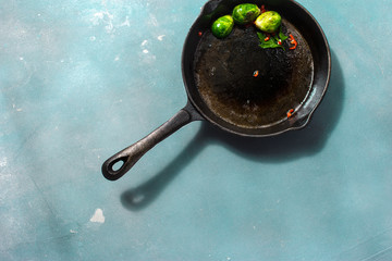 Poster - Healthy Vegetarian Food Cast iron pan fried broccoli top view