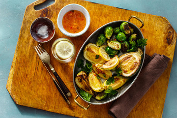 Poster - Fried broccoli zucchini cast iron pan top view Healthy Vegetarian Food