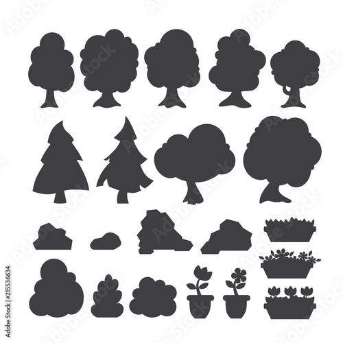 Garden trees vector silhouette flowers grass game park elements illustration ...
