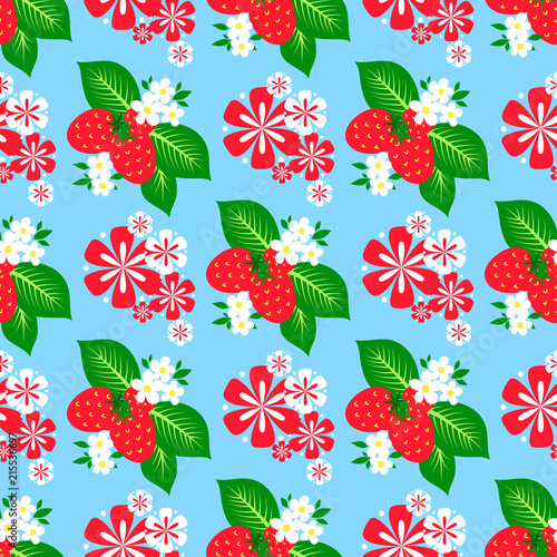 Flowers foliage vector berry seamless pattern background flat style berries n...
