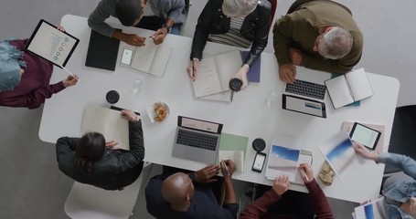 Wall Mural - young muslim business woman presenting corporate marketing plan to colleagues in management meeting professional sharing advertising strategy top view