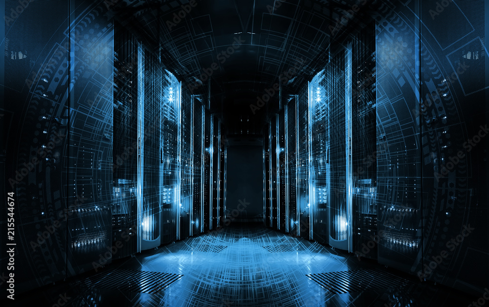 technological background on servers in data center, futuristic design. Server room represented by several server racks with strong dramatic light. - obrazy, fototapety, plakaty 