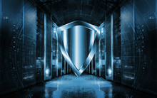Cyber Protection Shield Icon On Server Room Background. Information Security And Virus Detection.