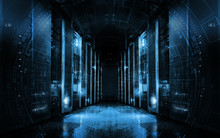 Technological Background On Servers In Data Center, Futuristic Design. Server Room Represented By Several Server Racks With Strong Dramatic Light.
