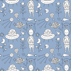 Wall Mural - seamless vector pattern with cosmos doodle illustrations. galaxy handdrawn elements.