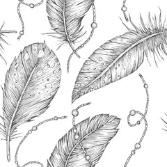 Wall Mural - seamless pattern with detailed hand drawn vector feathers. ornate outline card.
