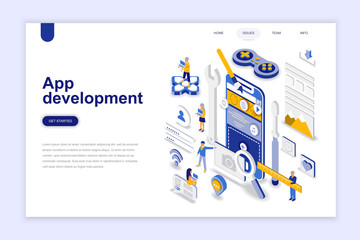 App development modern flat design isometric concept. Smartphone and people concept. Landing page template. Conceptual isometric vector illustration for web and graphic design.