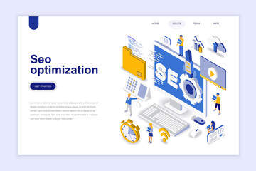 Seo optimization modern flat design isometric concept. Search engine and people concept. Landing page template. Conceptual isometric vector illustration for web and graphic design.