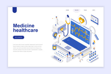 Poster - Medicine and healthcare modern flat design isometric concept. Pharmacy and people concept. Landing page template. Conceptual isometric vector illustration for web and graphic design.