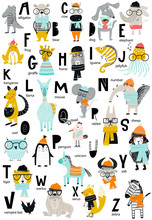Cute Vector Zoo Alphabet Poster With Latin Letters And Cartoon Animals. Set Of Kids Abc Elements In Scandinavian Style
