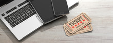 Cinema Old Type Tickets Isolated, Laptop, Tablet And Smartphone On A Wooden Background, Banner, 3d Illustration.