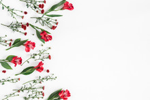 Flowers Composition. Frame Made Of Various Red Flowers On White Background. Flat Lay, Top View, Copy Space