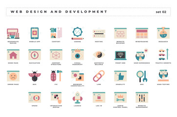 Web design and development. Set of pixel-perfect icons. Flat color style. Variety of unique visual metaphors suitable for wide range of uses.