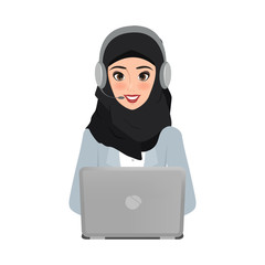 Wall Mural - arab business woman in call center to customer service character. vector people illustration design.