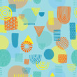 © StockArtRoom - Abstract shapes seamless vector pattern. Triangles, circles, rectangles, half circles orange, yellow, and blue on a blue background. Modern pattern design. Great for the childrens market. Kids market