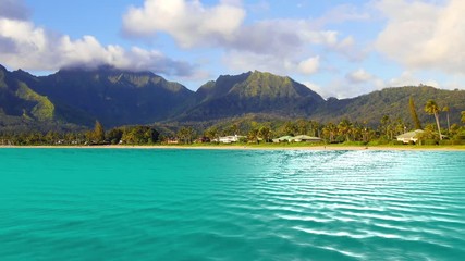 Wall Mural - A glimmering tropical ocean with light flickering off the surface faces a tropical island in Hawaii during daytime.