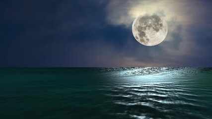 animated video showing a low, full moon glistening over the ocean with beautiful reflections off the