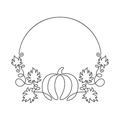 One line harvest. Autumn nature vector sketch. Hand drawn pumpkin with leaves isolated on white background. Line art vintage round frame. 