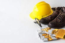 Construction Site Safety. Personal Protective Equipment On White Background. Free Space For Text