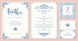 Ornate wedding invitation, table number, menu and place card. Swirl floral templates. 