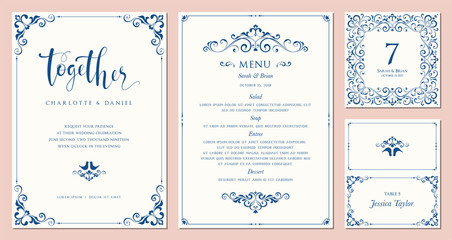 Wall Mural - ornate wedding invitation, table number, menu and place card. swirl floral templates.