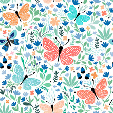 Hand Drawn Seamless Pattern With Butterflies And Plants