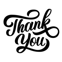 Thank you hand lettering, black ink brush calligraphy isolated on white background.