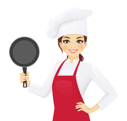 Confident chef woman holding pan with empty space vector illustration