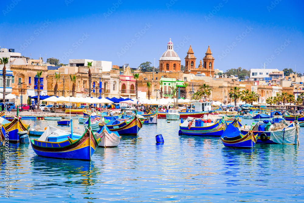 Marsaxlokk, Malta - Luzzu boats - obrazy, fototapety, plakaty 