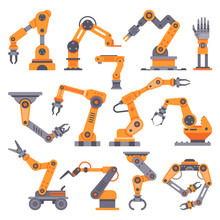 Flat Manufacture Robotic Arm. Automatic Robot Arms, Auto Factory Conveyor Industrial Equipment. Electronics Robots Hands Vector Set