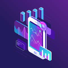 Data research infographic, trends graph and business strategy charts on smartphone screen. Trend chart 3d isometric vector illustration