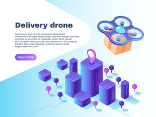 Wall Mural - modern futuristic delivery system with unmanned drone. flight copter delivering parcel vector concep