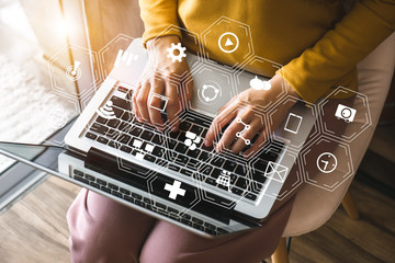 Wall Mural - coding software developer work with augmented reality dashboard computer icons with responsive cyber