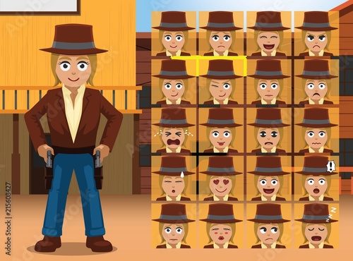 Western Brown Cowgirl Cartoon Character Emotions