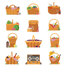 Wicker And Willow Picnic Baskets Isolated On White. Various Weaving Hampers In Flat Design. Straw Picnic Basket Icon Set With Wine, Bread, Fruits And Vegetables.