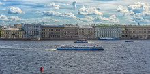 Cityscape, View Of The Neva River,  Architecture And The Hydrofoil Speedboat «river Rocket» In The Summer Afternoon Against The Cloudy Sky