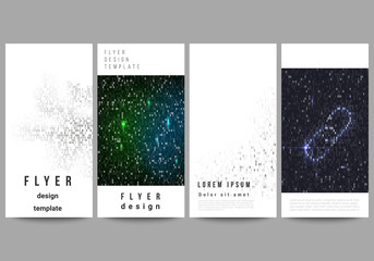 The minimalistic vector illustration of the editable layout of flyer, banner design templates. Binary code background. AI, big data, coding or hacker concept, digital technology background.