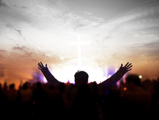 Poster - Church worship concept:Christians raising their hands in praise and worship at a night music concert