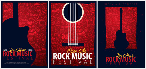 rock music festival. open air. set of flyers design template with hand-draw doodle on the background