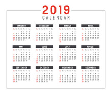 Year 2019 Calendar Vector Template