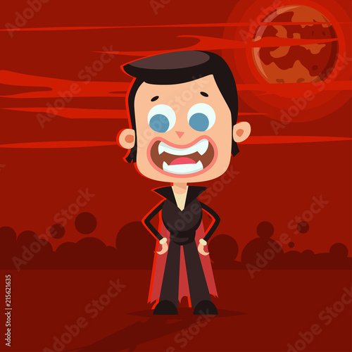 Halloween Kids Costume Of Happy Dracula On A Red Abstract Background Vector Cute Cartoon Flat Children Character For Holiday And Partying Template Design For The Poster Buy This Stock Vector And