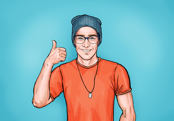 Smiling hipster man in glasses with Like sign. Advertising design with person that guarantees the quality of work or services. Male in orange t-shirt and hat shows thumb up.