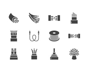 optical fiber flat glyph icons. network connection, computer wire, cable bobbin, data transfer. sign