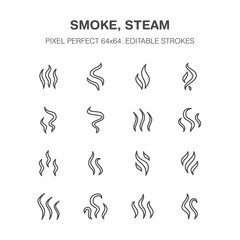 Smoke, steam flat line icons. Fumes shapes, aroma smell heat illustrations. Evaporation signs. Pixel perfect 64x64. Editable Strokes.